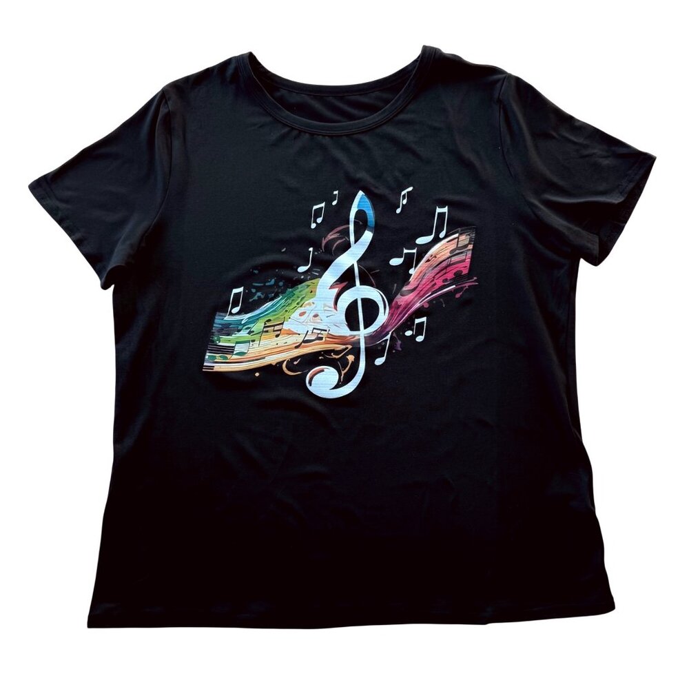Music Graphic Tee Size 2XL Black Treble Clef Print Short Sleeve Top DESIGN ISSUE